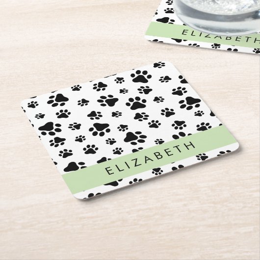 Paw Pattern, Dog Paws, Black and White, Jouw naam Kartonnen Onderzetters (Schuin)