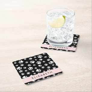 Paw Pattern, Dog Paws, Black and White, Jouw naam Kartonnen Onderzetters