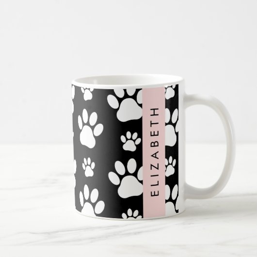 Paw Pattern, Dog Paws, Black and White, Jouw naam Koffiemok (Rechts)