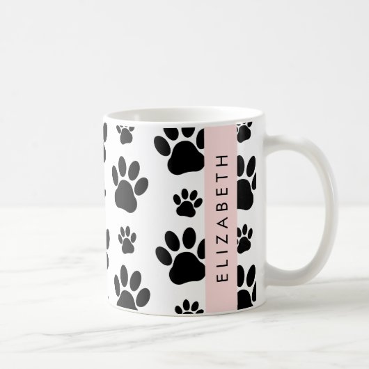 Paw Pattern, Dog Paws, Black and White, Jouw naam Koffiemok (Rechts)