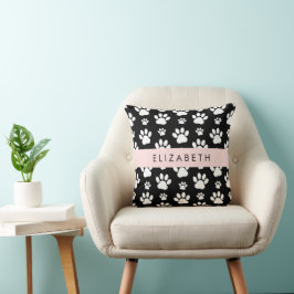 Paw Pattern, Dog Paws, Black and White, Jouw naam Kussen