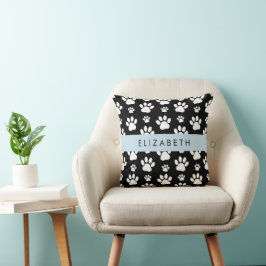 Paw Pattern, Dog Paws, Black and White, Jouw naam Kussen