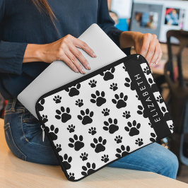 Paw Pattern, Dog Paws, Black and White, Jouw naam Laptop Sleeve