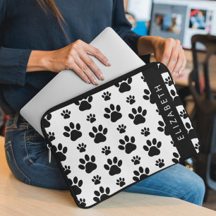 Paw Pattern, Dog Paws, Black and White, Jouw naam Laptop Sleeve