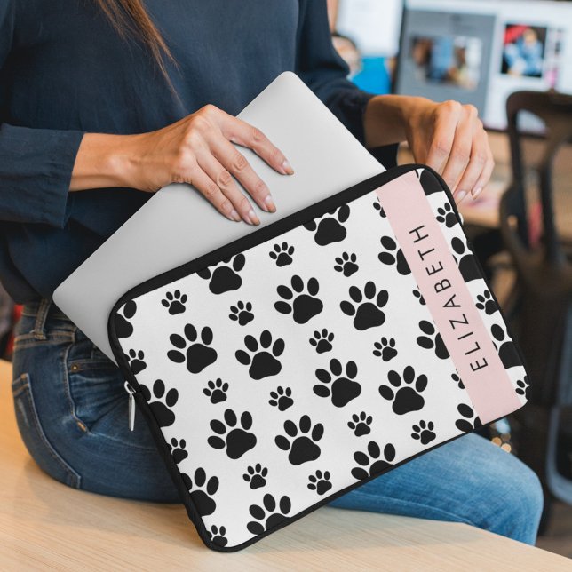 Paw Pattern, Dog Paws, Black and White, Jouw naam Laptop Sleeve (Creator heeft geüpload)