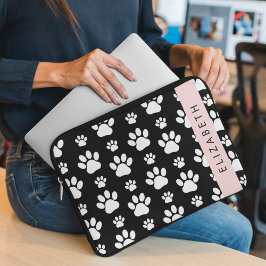 Paw Pattern, Dog Paws, Black and White, Jouw naam Laptop Sleeve