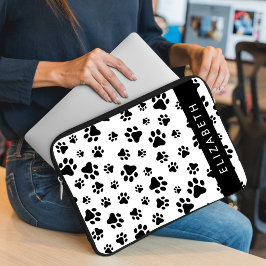 Paw Pattern, Dog Paws, Black and White, Jouw naam Laptop Sleeve