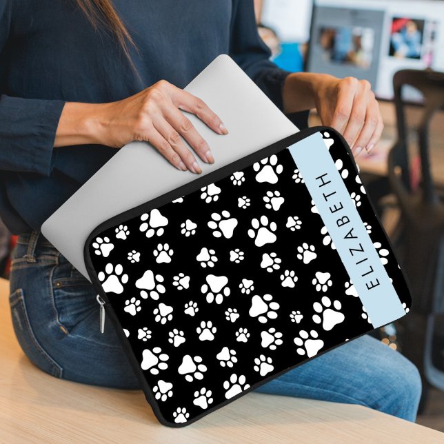 Paw Pattern, Dog Paws, Black and White, Jouw naam Laptop Sleeve (Creator heeft geüpload)