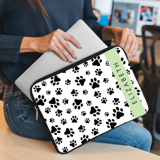 Paw Pattern, Dog Paws, Black and White, Jouw naam Laptop Sleeve (Creator heeft geüpload)