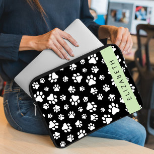 Paw Pattern, Dog Paws, Black and White, Jouw naam Laptop Sleeve