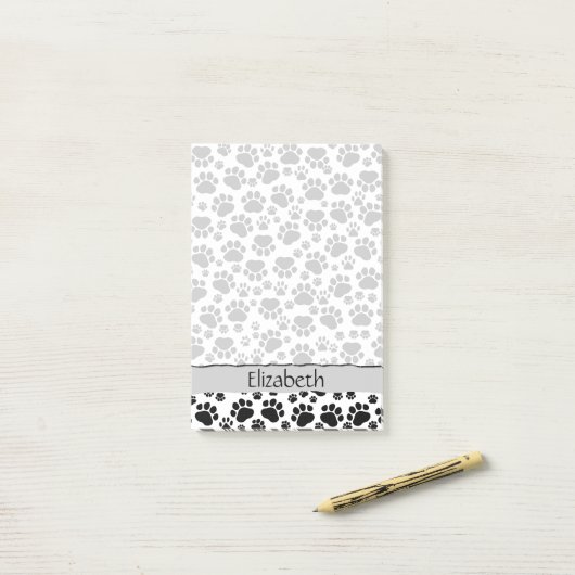 Paw Pattern, Dog Paws, Black and White, Jouw naam Post-it® Notes (Op bureau)