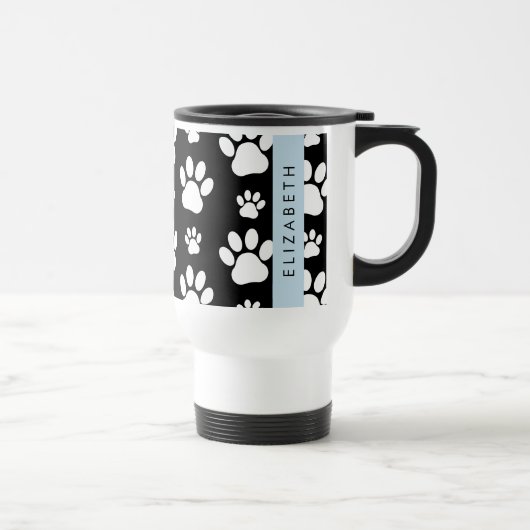 Paw Pattern, Dog Paws, Black and White, Jouw naam Reisbeker (Rechts)