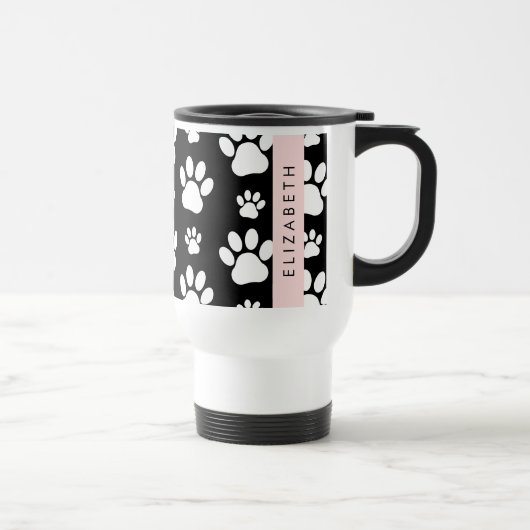 Paw Pattern, Dog Paws, Black and White, Jouw naam Reisbeker (Rechts)