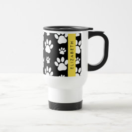 Paw Pattern, Dog Paws, Black and White, Jouw naam Reisbeker