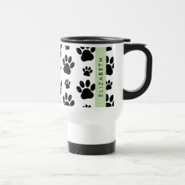 Paw Pattern, Dog Paws, Black and White, Jouw naam Reisbeker