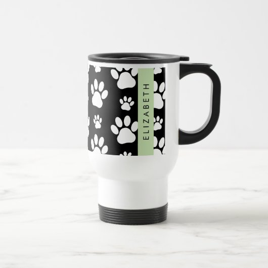 Paw Pattern, Dog Paws, Black and White, Jouw naam Reisbeker (Rechts)