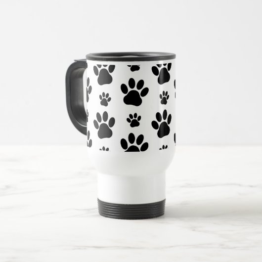 Paw Pattern, Dog Paws, Black and White, Jouw naam Reisbeker (Voorkant links)