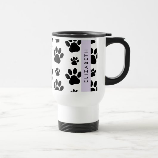 Paw Pattern, Dog Paws, Black and White, Jouw naam Reisbeker (Rechts)