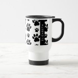 Paw Pattern, Dog Paws, Black and White, Jouw naam Reisbeker