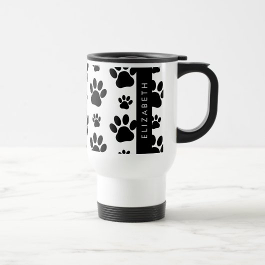 Paw Pattern, Dog Paws, Black and White, Jouw naam Reisbeker (Rechts)