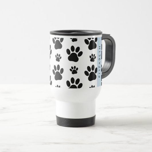 Paw Pattern, Dog Paws, Black and White, Jouw naam Reisbeker (Voorkant rechts)