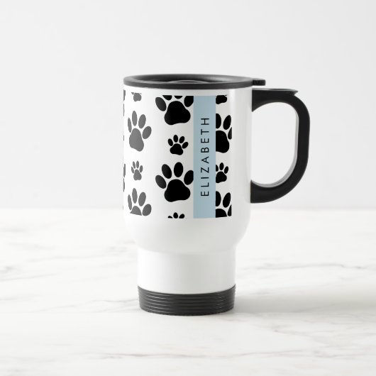 Paw Pattern, Dog Paws, Black and White, Jouw naam Reisbeker (Rechts)