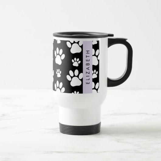 Paw Pattern, Dog Paws, Black and White, Jouw naam Reisbeker (Rechts)