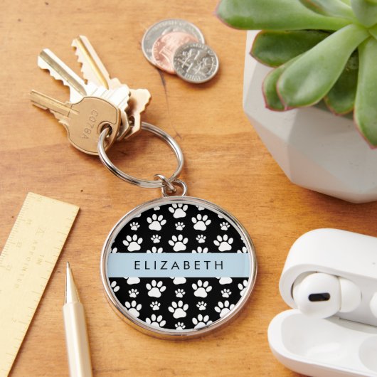 Paw Pattern, Dog Paws, Black and White, Jouw naam Sleutelhanger (Bureau)