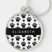 Paw Pattern, Dog Paws, Black and White, Jouw naam Sleutelhanger (Voorkant)