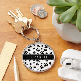 Paw Pattern, Dog Paws, Black and White, Jouw naam Sleutelhanger
