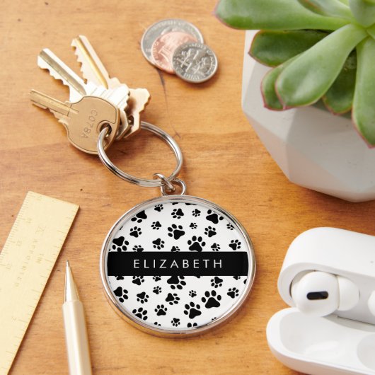 Paw Pattern, Dog Paws, Black and White, Jouw naam Sleutelhanger (Bureau)