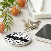 Paw Pattern, Dog Paws, Black and White, Jouw naam Sleutelhanger (Zijkant)