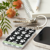 Paw Pattern, Dog Paws, Black and White, Jouw naam Sleutelhanger (Voorkant Rechts)
