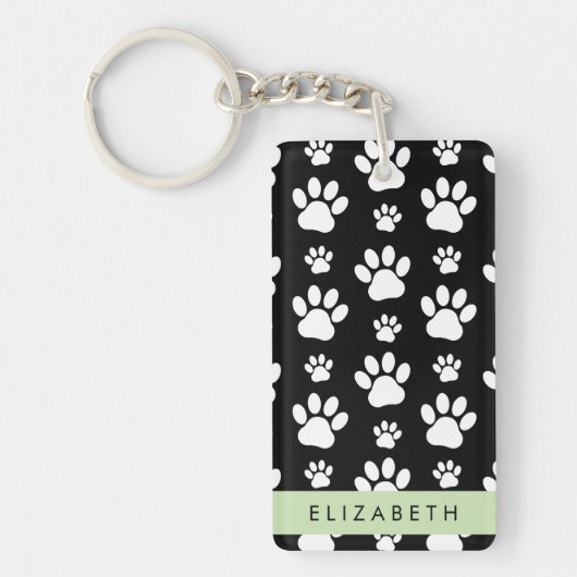 Paw Pattern, Dog Paws, Black and White, Jouw naam Sleutelhanger (Voorkant)