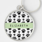 Paw Pattern, Dog Paws, Black and White, Jouw naam Sleutelhanger (Voorkant)
