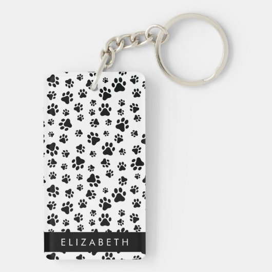 Paw Pattern, Dog Paws, Black and White, Jouw naam Sleutelhanger (achterkant)