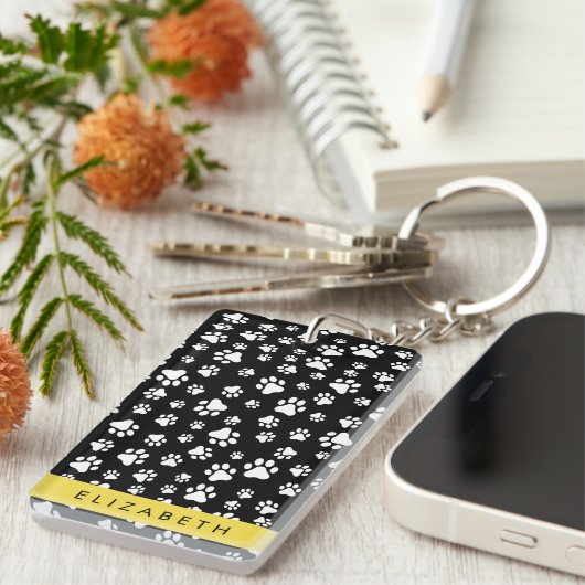 Paw Pattern, Dog Paws, Black and White, Jouw naam Sleutelhanger (Voorkant Rechts)