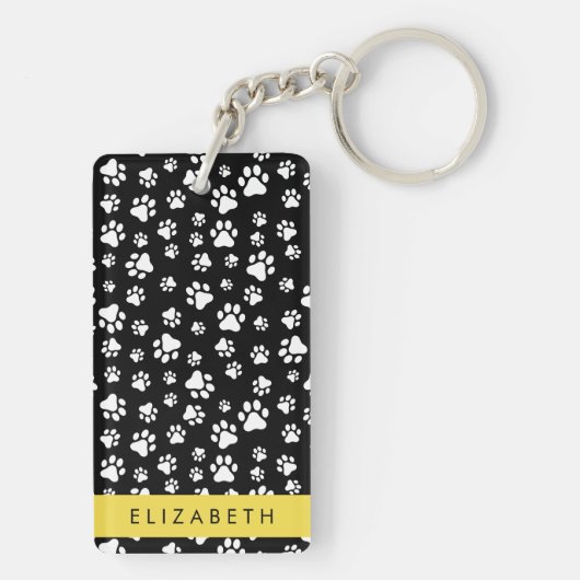 Paw Pattern, Dog Paws, Black and White, Jouw naam Sleutelhanger (achterkant)