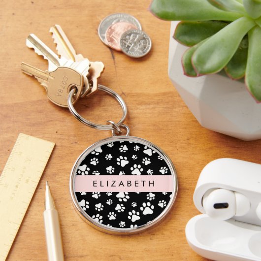 Paw Pattern, Dog Paws, Black and White, Jouw naam Sleutelhanger (Bureau)