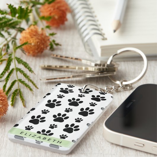 Paw Pattern, Dog Paws, Black and White, Jouw naam Sleutelhanger (Voorkant Rechts)