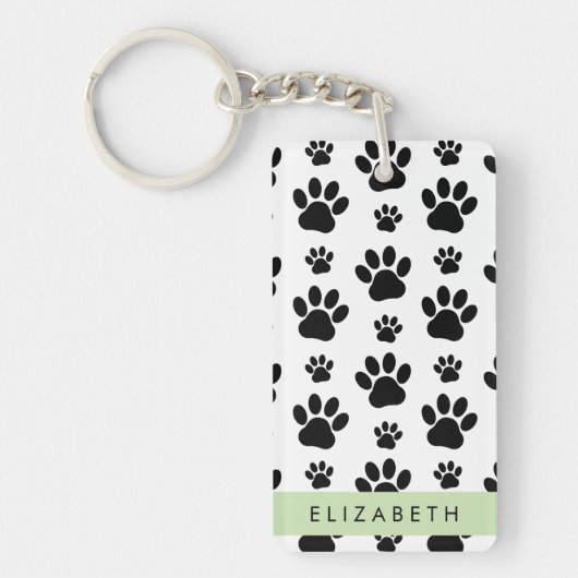 Paw Pattern, Dog Paws, Black and White, Jouw naam Sleutelhanger (Voorkant)