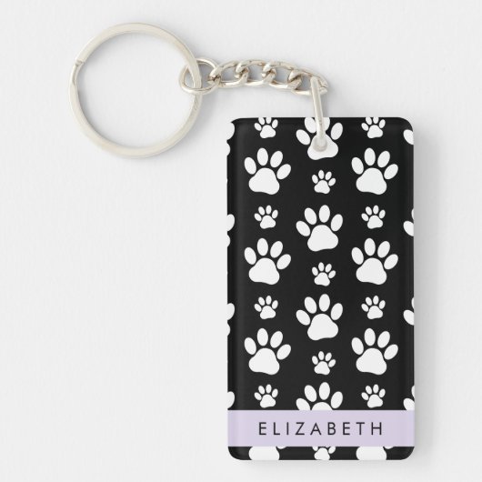 Paw Pattern, Dog Paws, Black and White, Jouw naam Sleutelhanger (Voorkant)