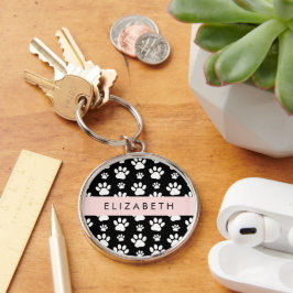 Paw Pattern, Dog Paws, Black and White, Jouw naam Sleutelhanger