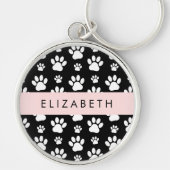 Paw Pattern, Dog Paws, Black and White, Jouw naam Sleutelhanger (Voorkant)