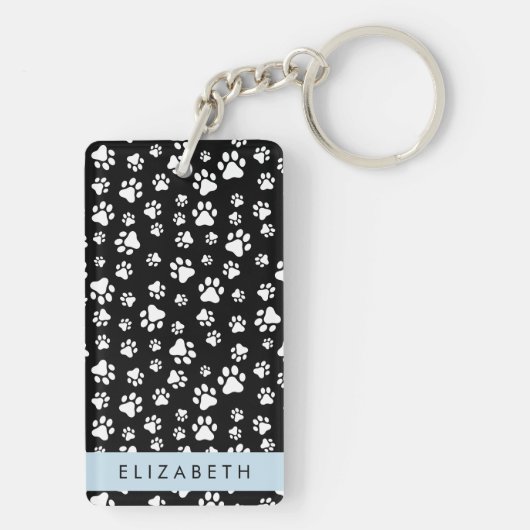 Paw Pattern, Dog Paws, Black and White, Jouw naam Sleutelhanger (achterkant)