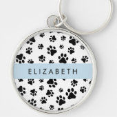 Paw Pattern, Dog Paws, Black and White, Jouw naam Sleutelhanger (Voorkant)
