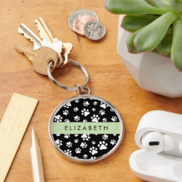 Paw Pattern, Dog Paws, Black and White, Jouw naam Sleutelhanger