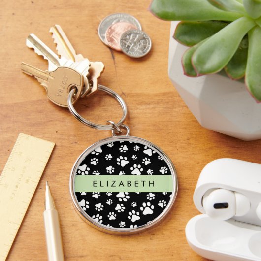 Paw Pattern, Dog Paws, Black and White, Jouw naam Sleutelhanger (Bureau)