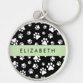 Paw Pattern, Dog Paws, Black and White, Jouw naam Sleutelhanger (Voorkant)