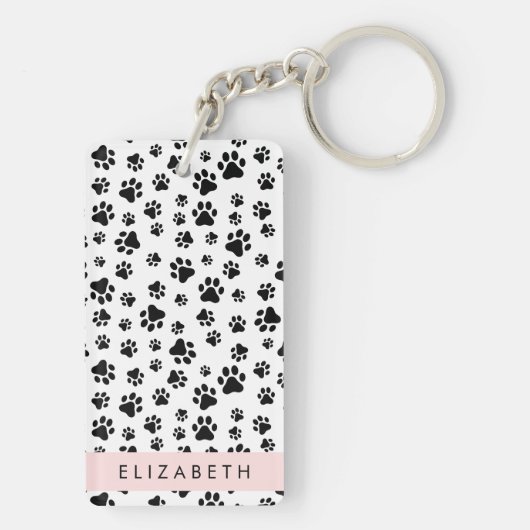 Paw Pattern, Dog Paws, Black and White, Jouw naam Sleutelhanger (achterkant)